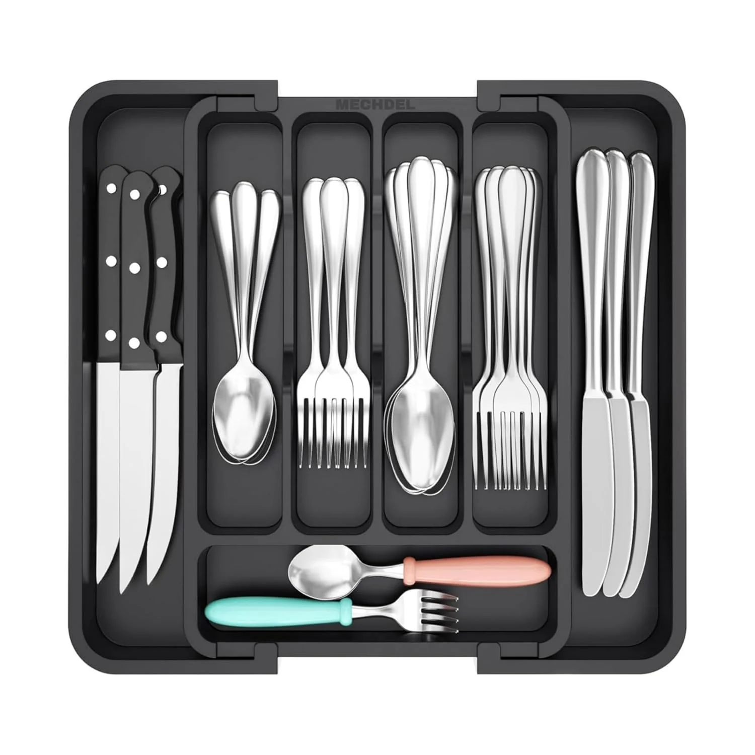 mechdel Drawer Organizer, Expandable BPA Free Utensil Tray for Kitchen, Adjustable Flatware and Cutlery Holder for Spoons Forks Knives, Plastic Kitchen Organizers and Storage (BLACK, 8-Slots) - Image 4