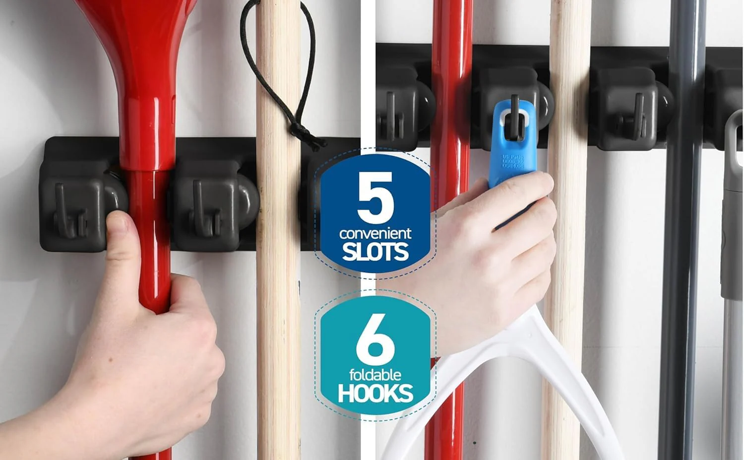 mechdel Mop Holder/Wall Mounted Wiper Holder/Storage Organizers/Drill-Free Broom Stick Stand for Home/Indoor-Outdoor (6 Hooks Mop/Broom Holder-Black, 1SET) - Image 4