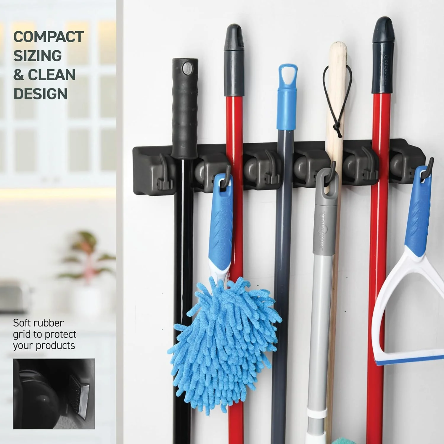 mechdel Mop Holder/Wall Mounted Wiper Holder/Storage Organizers/Drill-Free Broom Stick Stand for Home/Indoor-Outdoor (6 Hooks Mop/Broom Holder-Black, 1SET) - Image 5