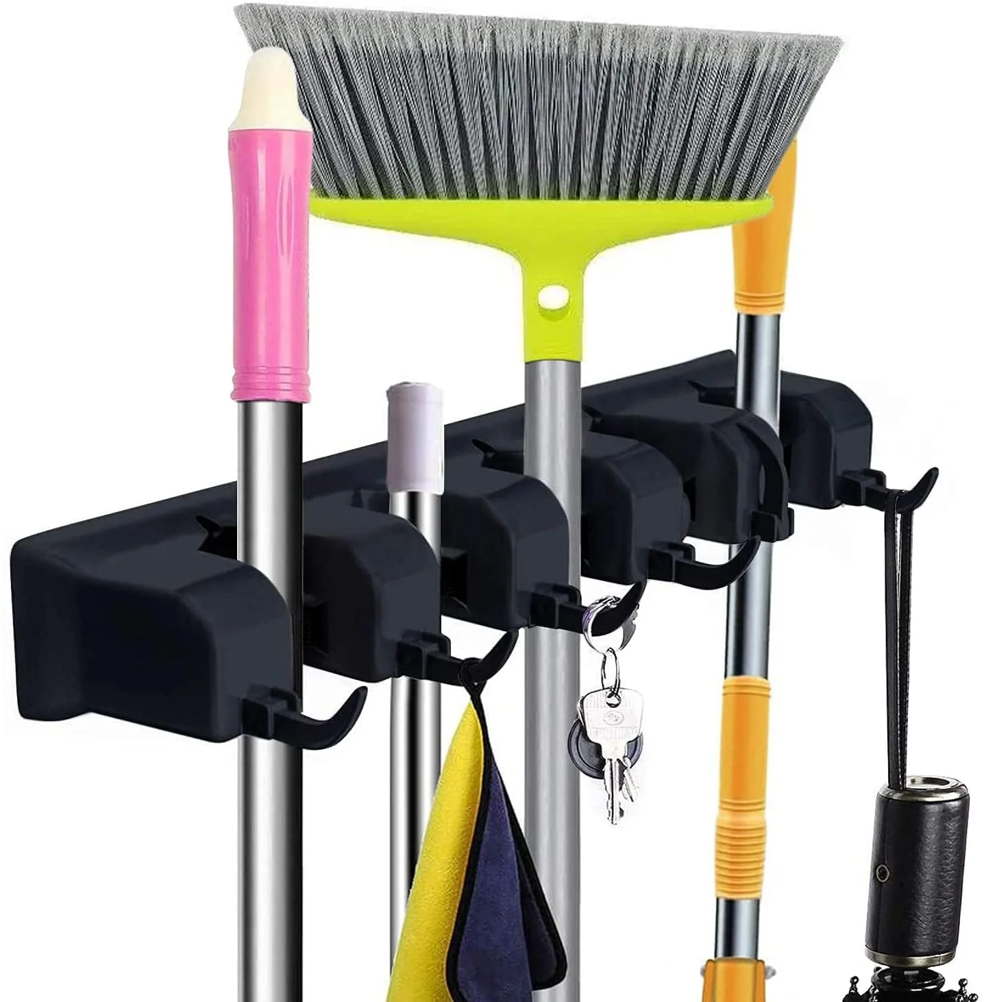 mechdel Mop Holder/Wall Mounted Wiper Holder/Storage Organizers/Drill-Free Broom Stick Stand for Home/Indoor-Outdoor (6 Hooks Mop/Broom Holder-Black, 1SET) - Image 8