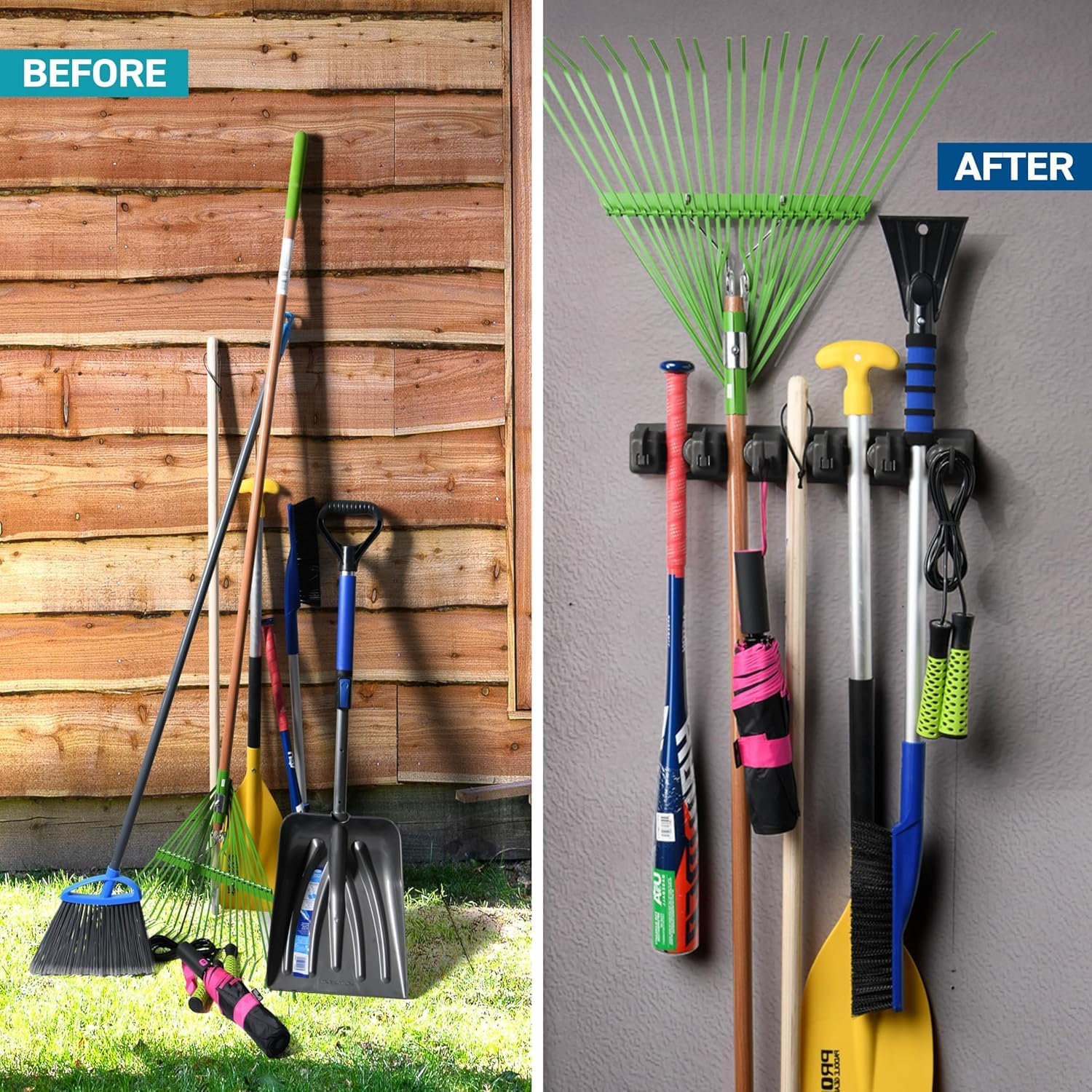 mechdel Mop Holder/Wall Mounted Wiper Holder/Storage Organizers/Drill-Free Broom Stick Stand for Home/Indoor-Outdoor (6 Hooks Mop/Broom Holder-Black, 1SET) - Image 9