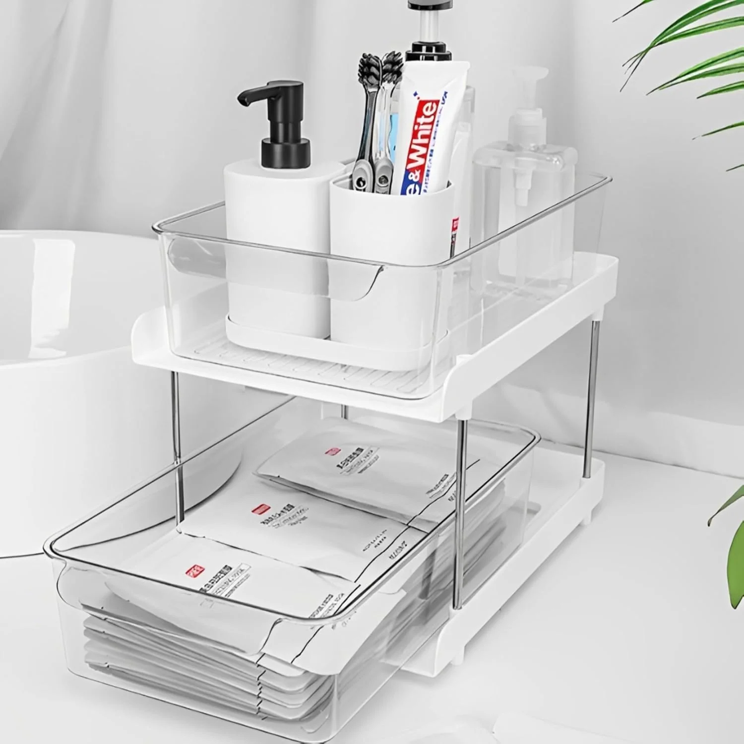 MECHDEL Tier Under Sink Organiser/Clear Bathroom Cabinets/Vanity Countertop Storage Container/Medicine Cabinet/Pull-Out Organization with Track for Pantry/Kitchen (2 Tier Under Sink Organiser) - Image 3